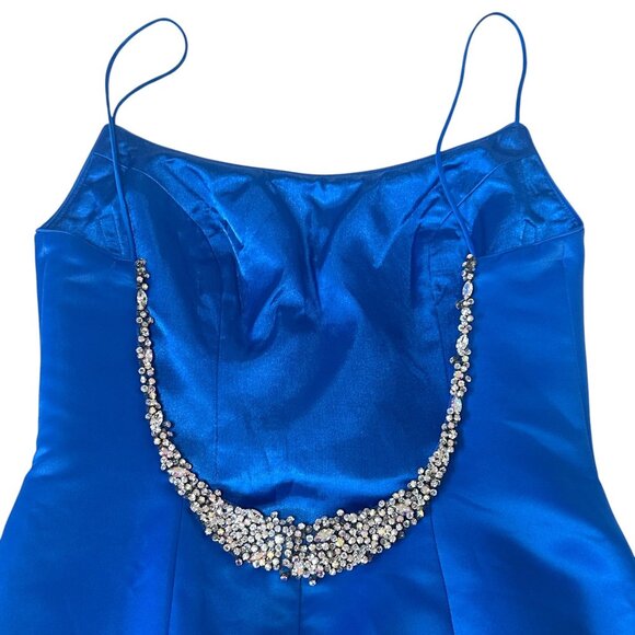 Jovani Blue Satin Sleeveless Rhinestone U Back Mermaid Trumpet Long Dress Sz 10 - Picture 6 of 15